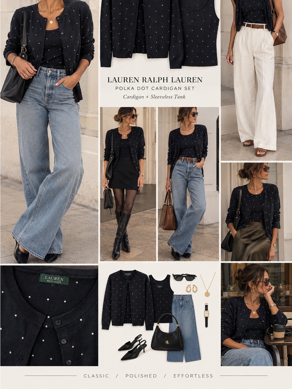 Vintage GUC Lauren Ralph Lauren Navy Polkadot Matching Cardigan Set L Preppy